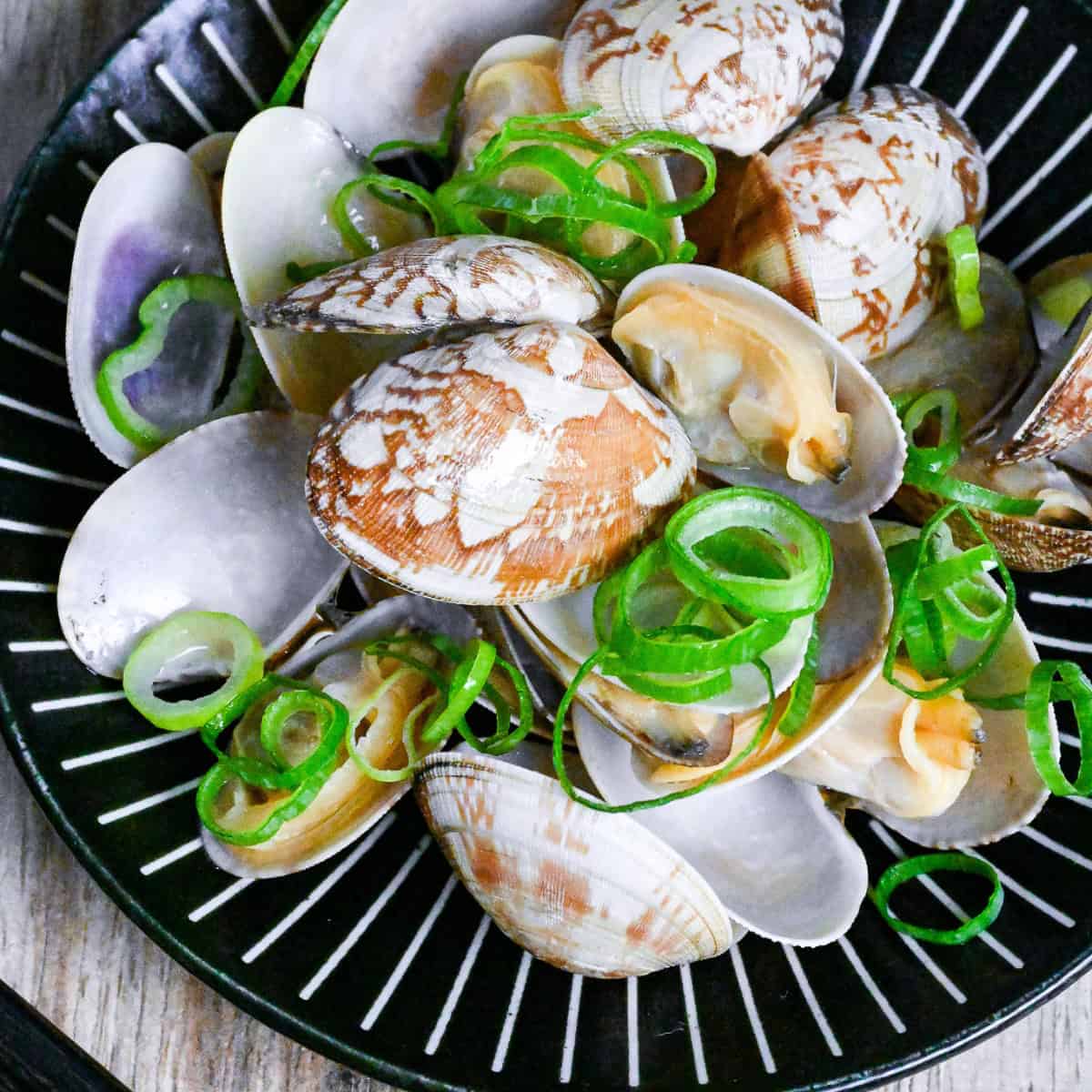 Japanese Sake Steamed Clams (Asari no Sakamushi) sprinkled with chopped green onion on a black plate with white stripes