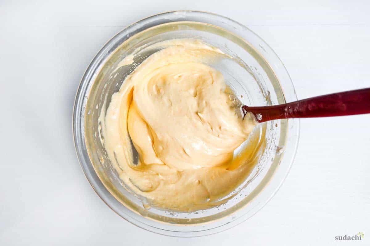 castella cake batter in a glass bowl