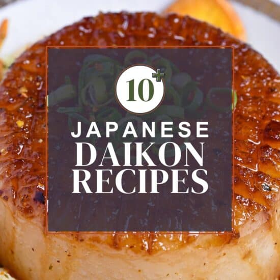 Japanese daikon radish recipes thumbnail with daikon steak in the background