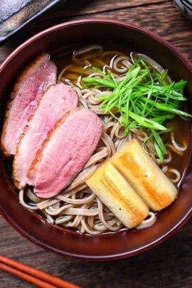 Japanese Duck Soba (kamo nanban soba) served with spring onion