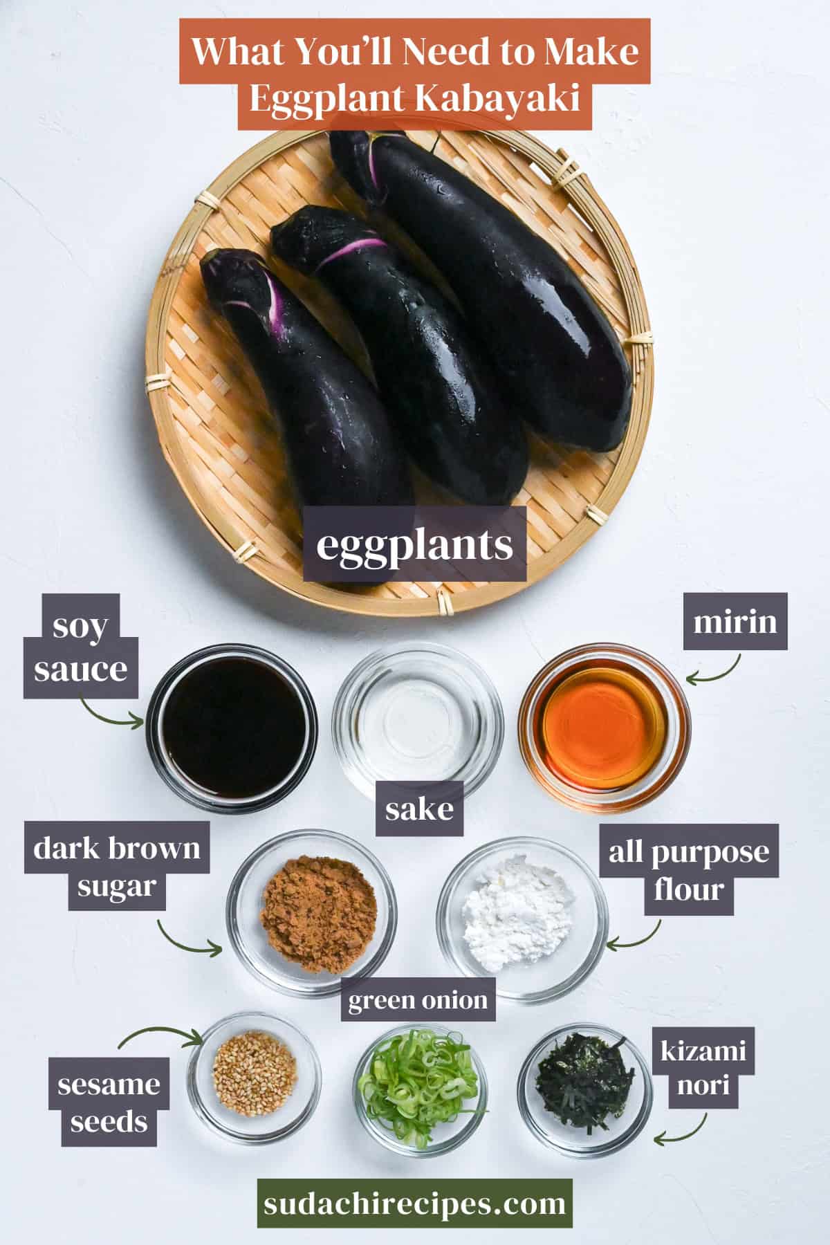 ingredients used to make eggplant kabayaki on a white background with labels
