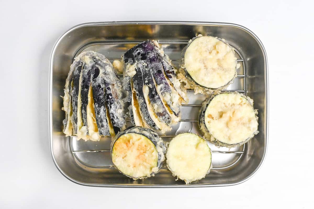 eggplant tempura on a wire rack