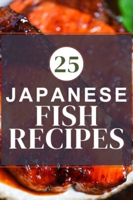 Japanese fish recipes roundup thumbnail with teriyaki yellowtail in the background