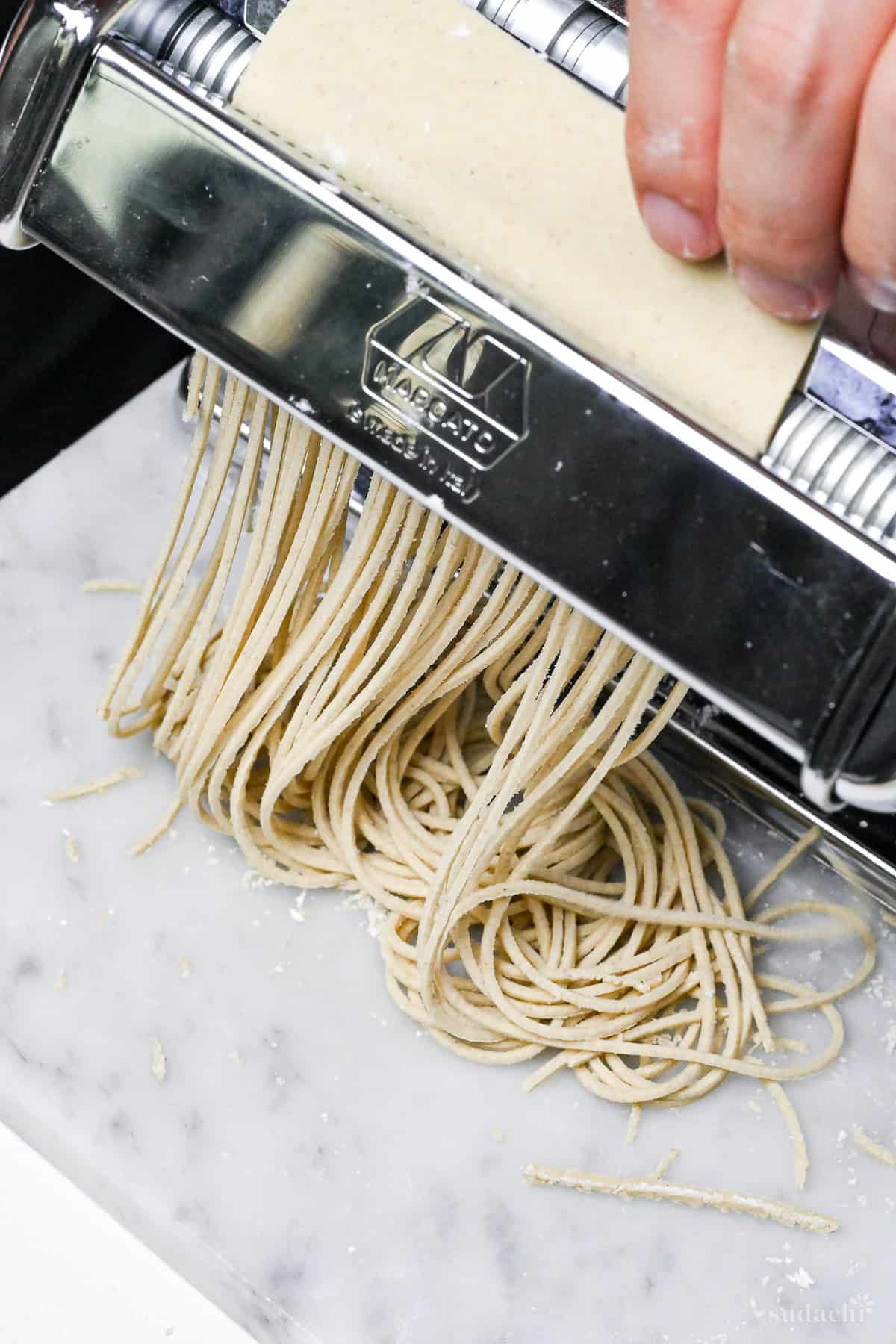 soba noodles cut with a pasta machine spaghetti cutting attachment