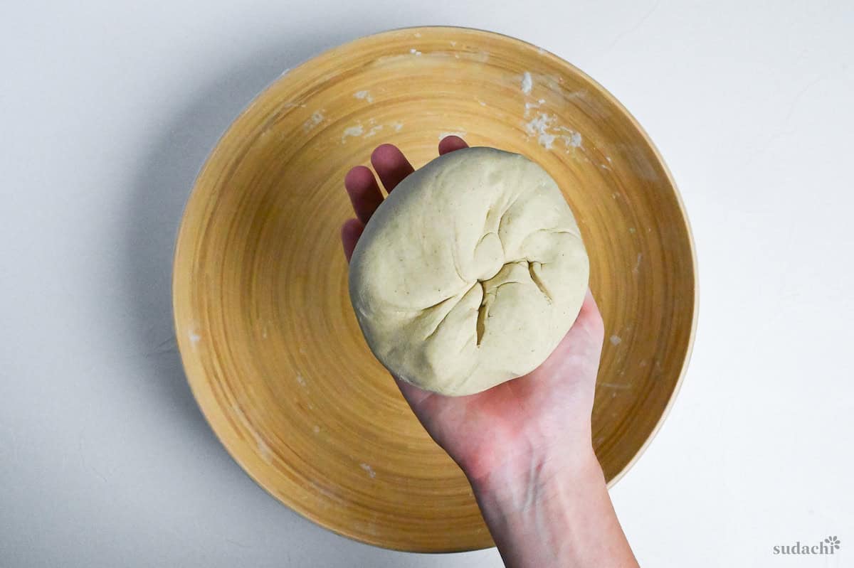soba noodle dough held in one hand