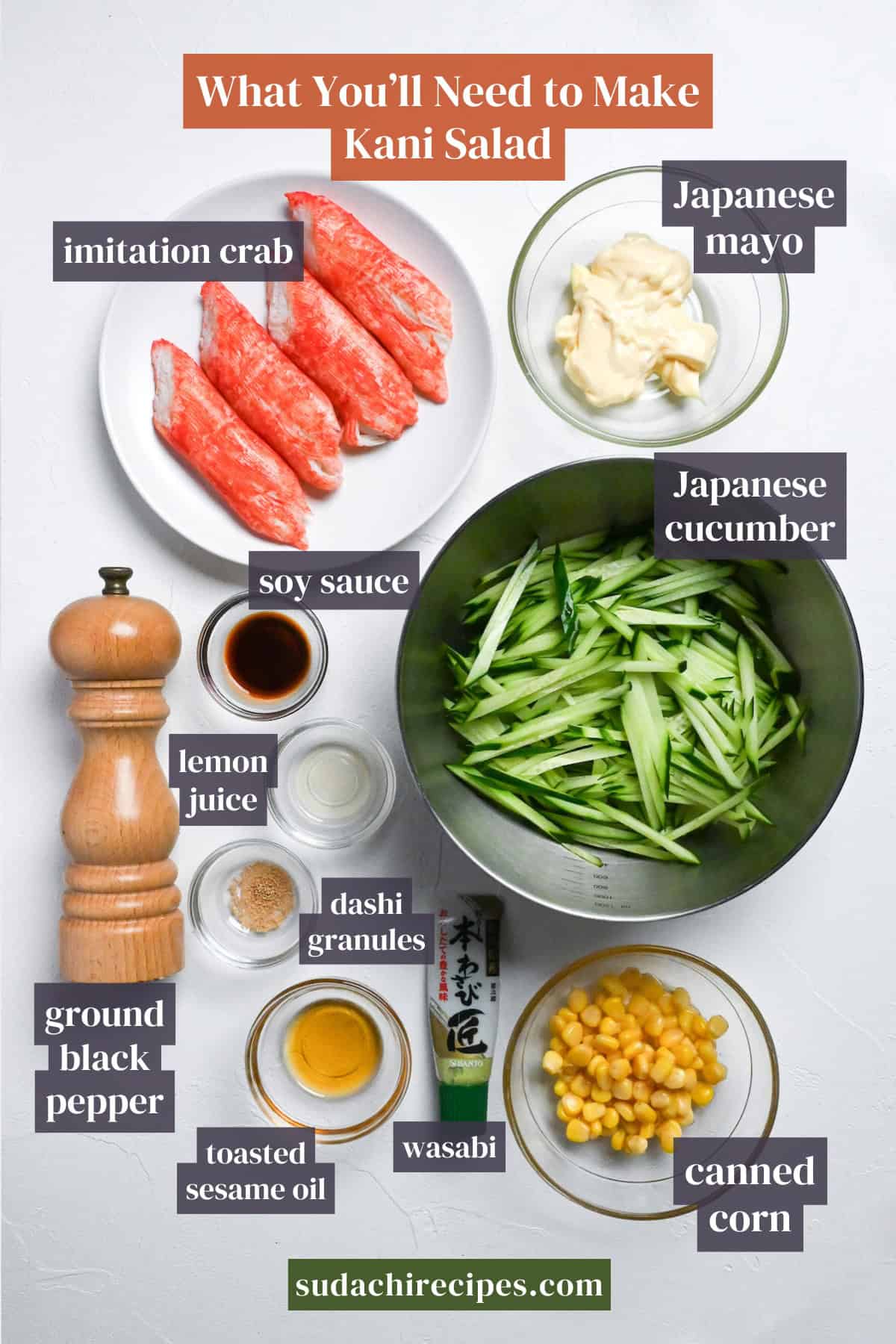Ingredients needed to make Kani Salad on a white background with labels. From top to bottom, left to right: imitation crab, Japanese mayo, soy sauce, Japanese cucumber, lemon juice, dashi granules, ground black pepper, toasted sesame oil, wasabi, canned corn