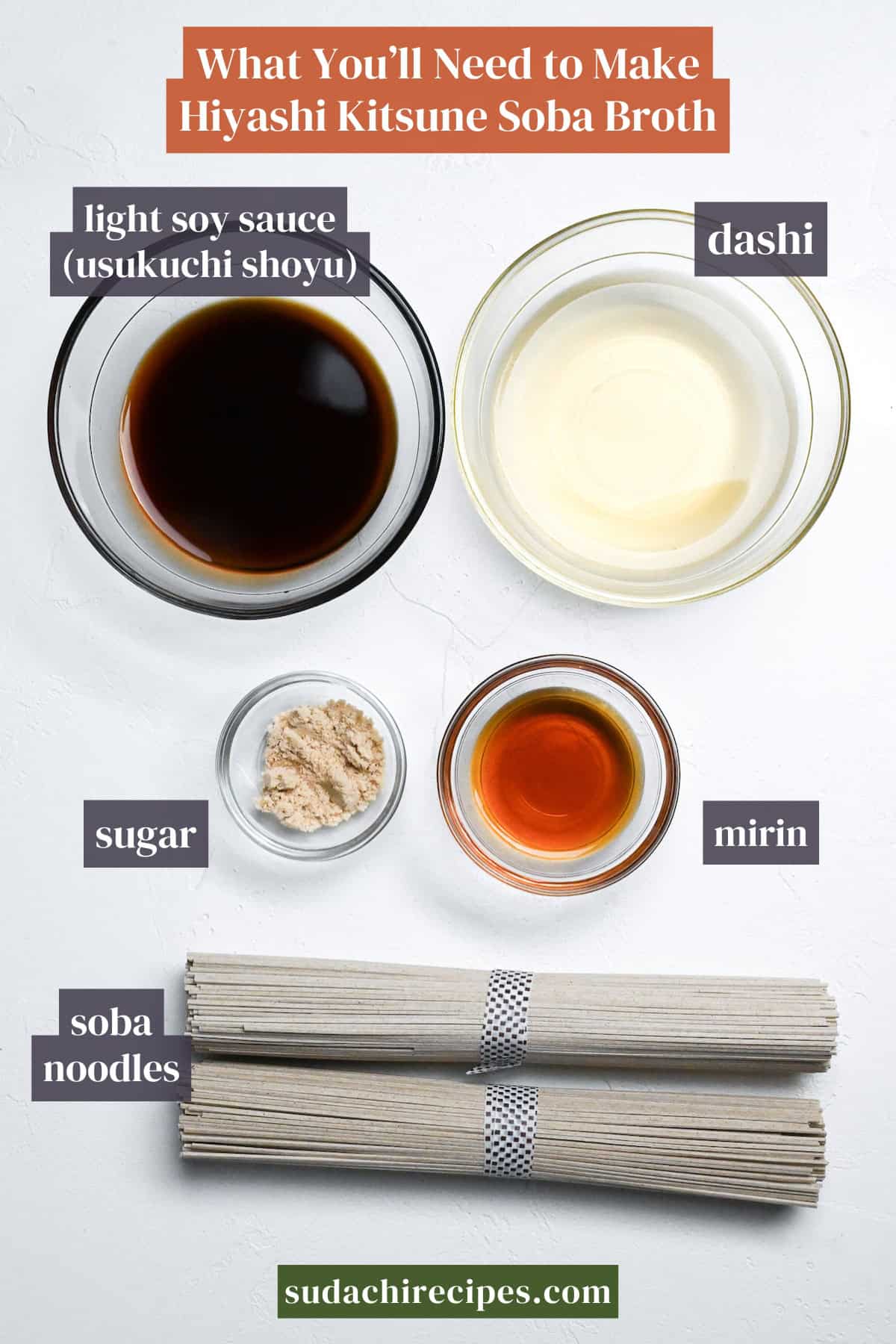 Ingredients needed to make hiyashi kitsune soba broth on a white background with labels. From top to bottom, left to right: light soy sauce, dashi, sugar, mirin and dried soba noodles