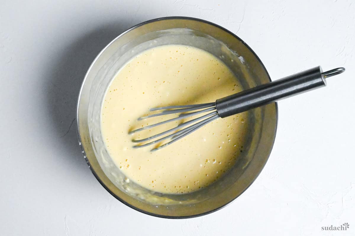 whisked batter in a bowl for kushi age