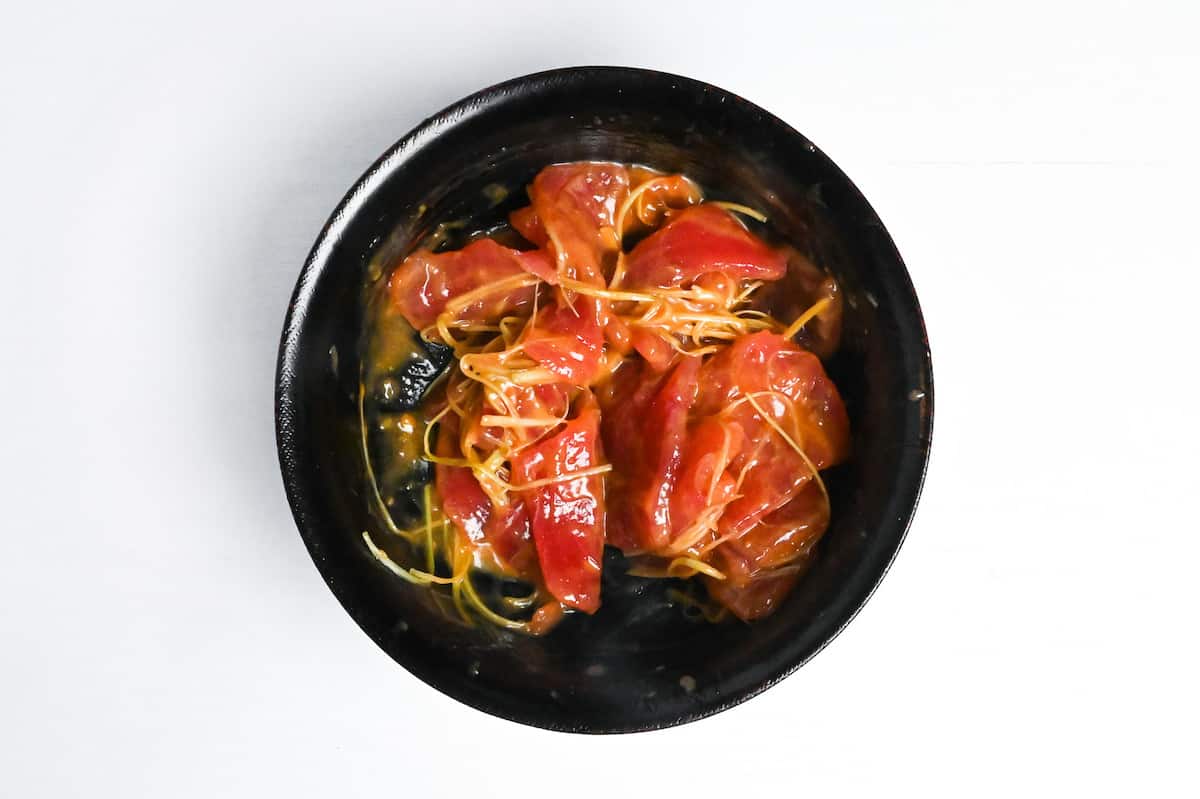 sashimi-grade tuna (maguro) coated in miso marinade