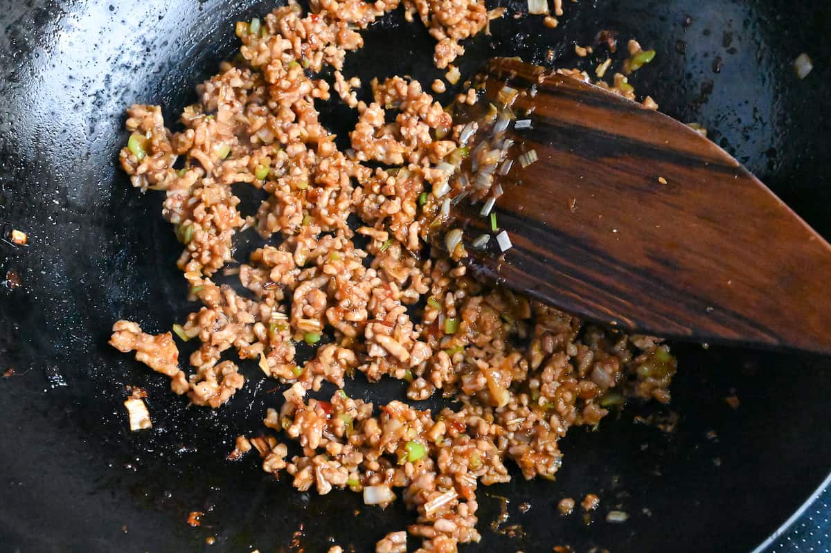 close up of spicy fried pork mince for miso ramen topping