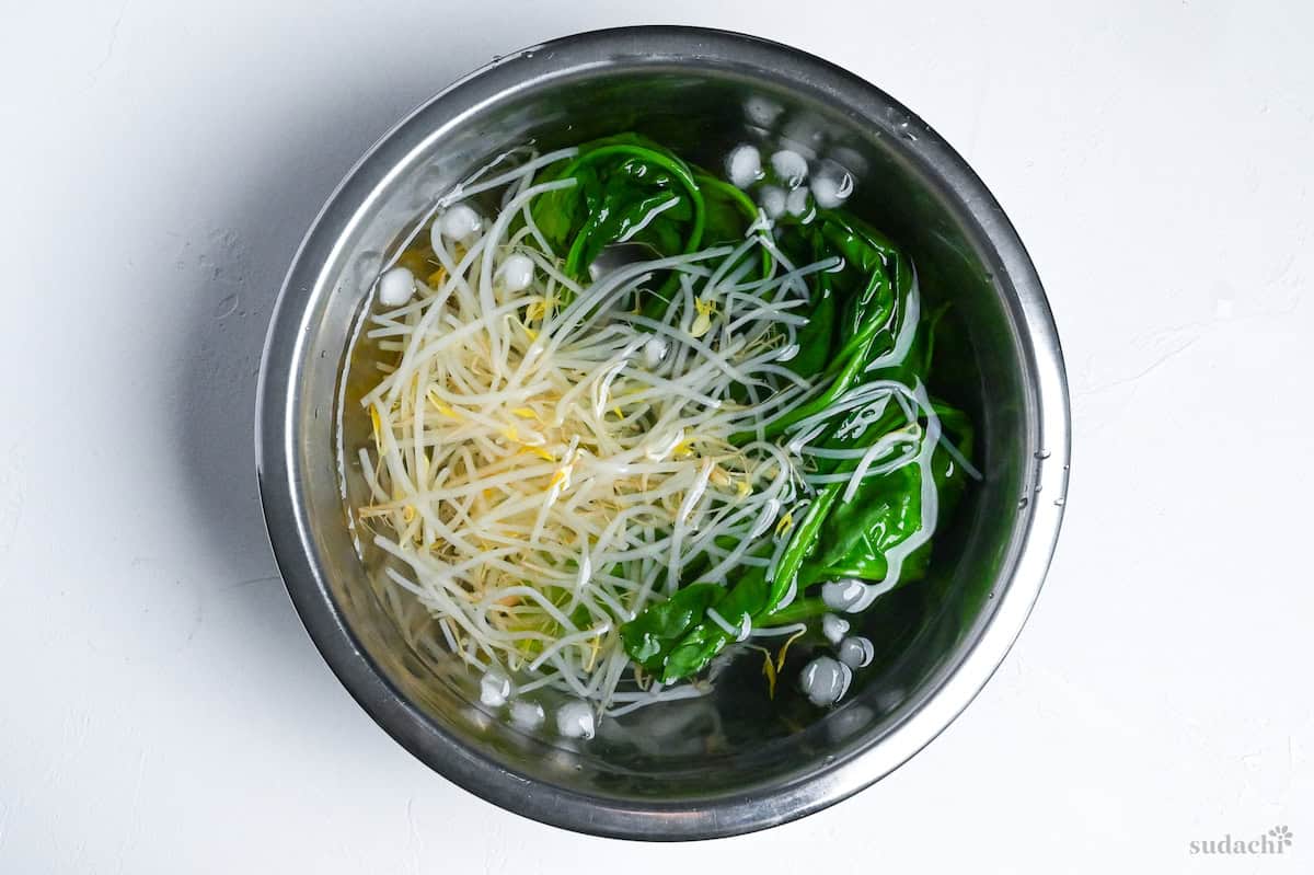 blanched beansprouts and spinach in an ice water bath in a steel mixing bowl on a white background