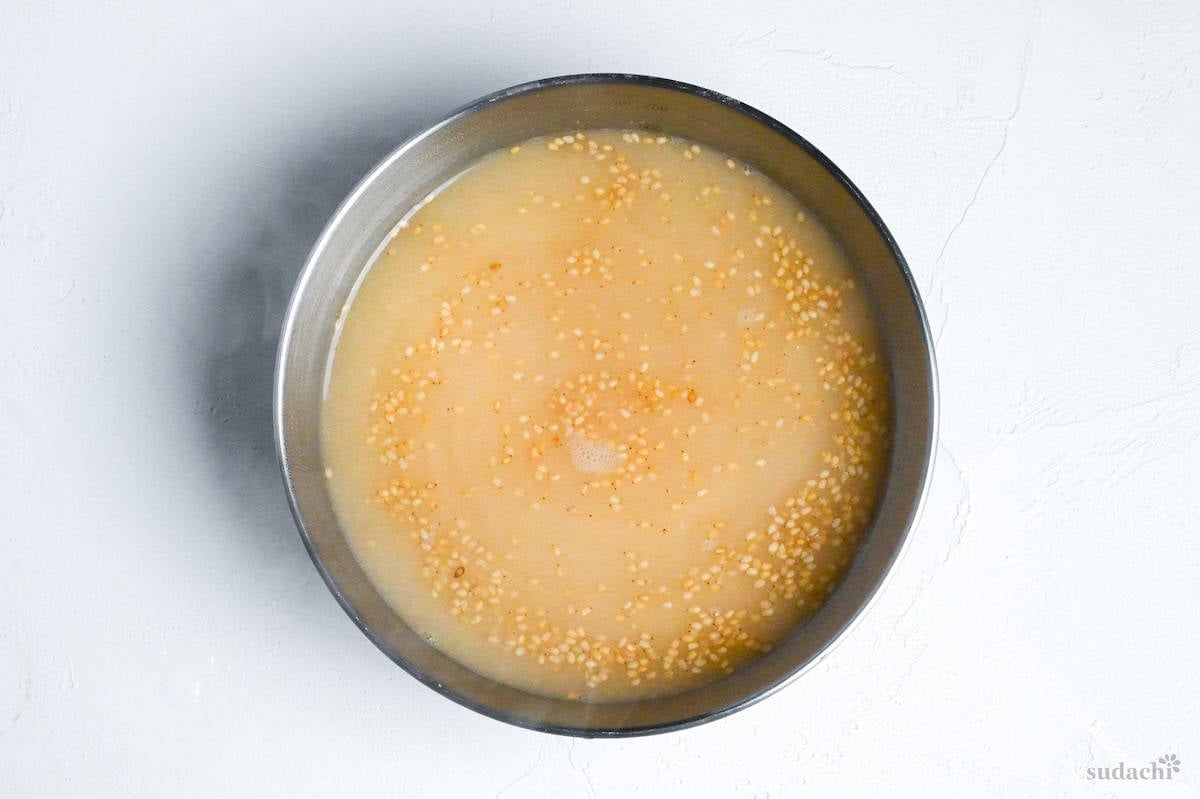 Miso ramen soup base made with ground sesame seeds, peanut butter and chicken bouillon powder