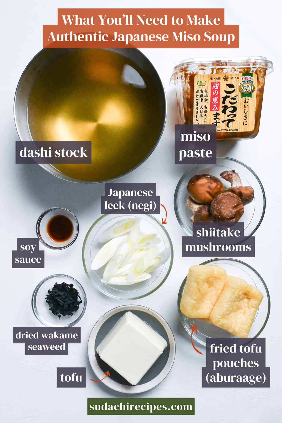 Ingredients needed to make authentic Japanese miso soup. From top to bottom, left to right: dashi stock, miso paste, soy sauce, Japanese leek, shiitake mushrooms, wakame, tofu and fried tofu pouches
