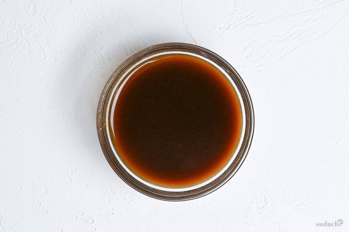 mushroom donburi sauce in a small glass bowl