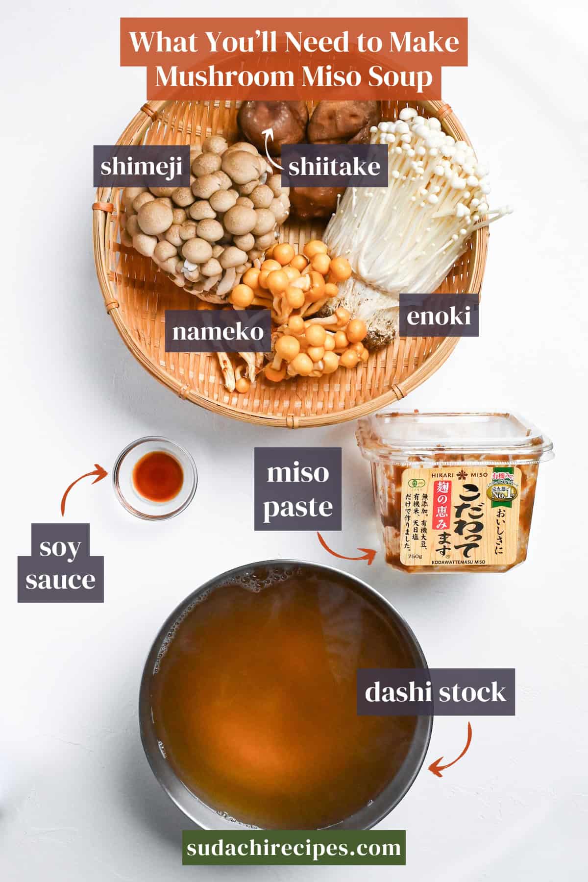 Ingredients needed to make mushroom miso soup. From top to bottom, left to right: shimeji, shiitake, nameko, enoki, soy sauce, miso paste, dashi stock