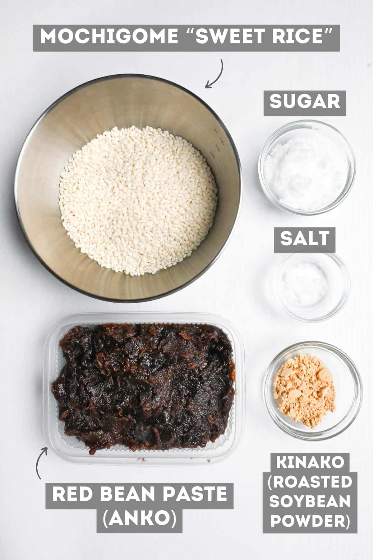 ohagi ingredients on a white background with labels