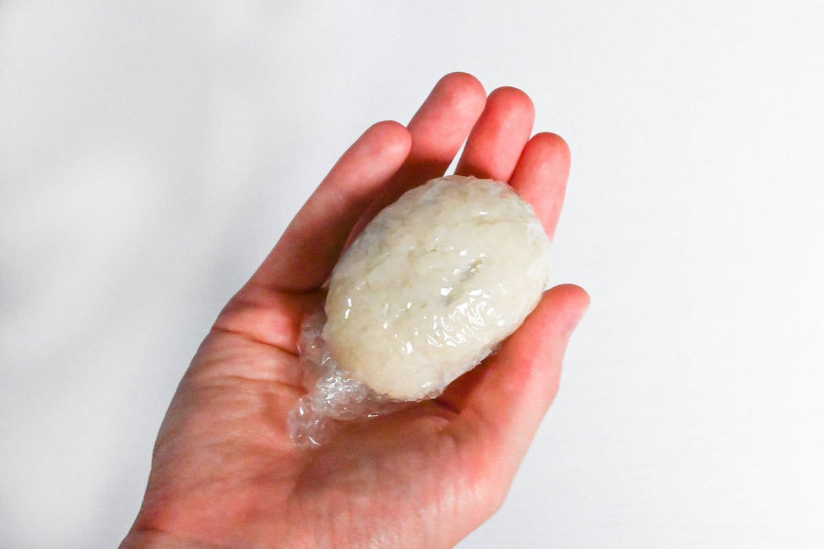 anko filled ohagi wrapped in plastic wrap