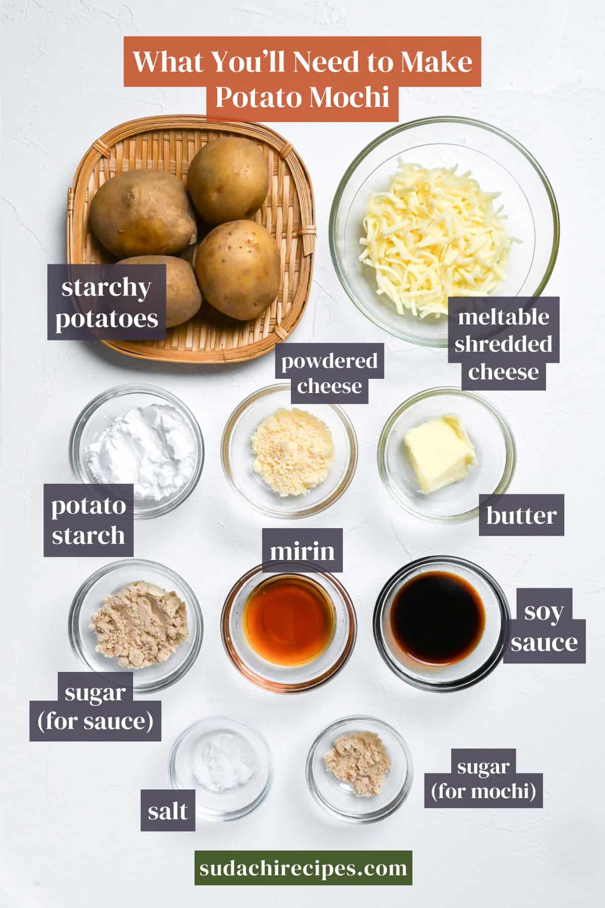 Ingredients needed to make potato mochi on a white background with labels. From top to bottom, left to right: starchy potatoes, powdered cheese, meltable shredded cheese, potato starch, butter, sugar, mirin, soy sauce, salt and sugar (for mochi)
