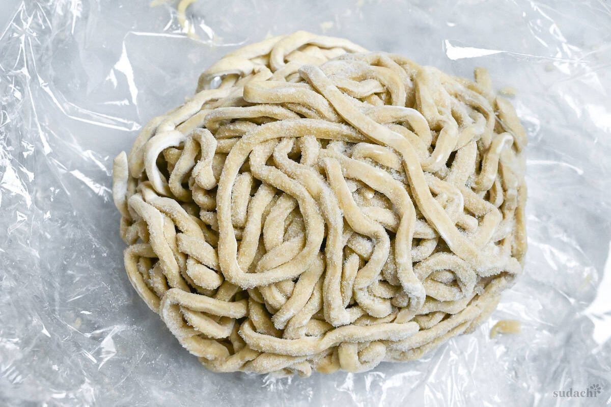 close up of frozen homemade ramen noodles made with egg and kansui
