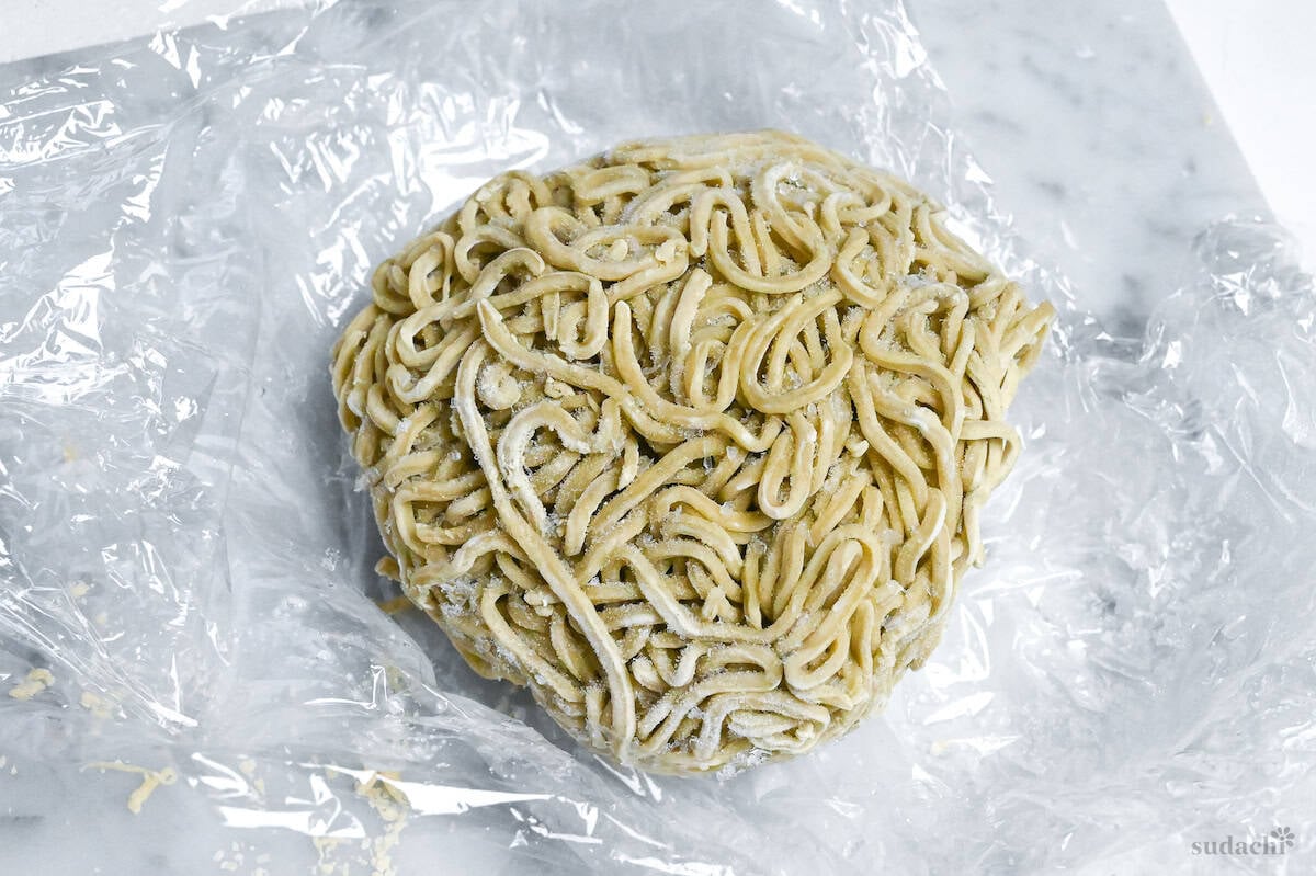 close up of frozen homemade ramen noodles made with egg and kansui