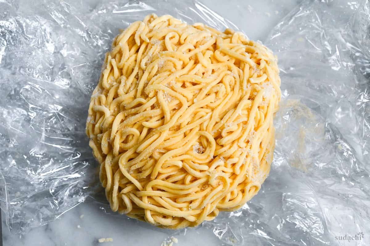 close up of frozen homemade egg ramen noodles