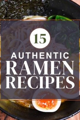 ramen recipes roundup thumbnail with a picture of miso ramen in the background