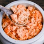 Homemade Japanese-style salmon flakes in a white ceramic pot