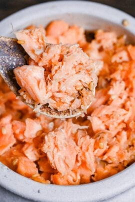 Homemade Japanese-style salmon flakes in a white ceramic pot