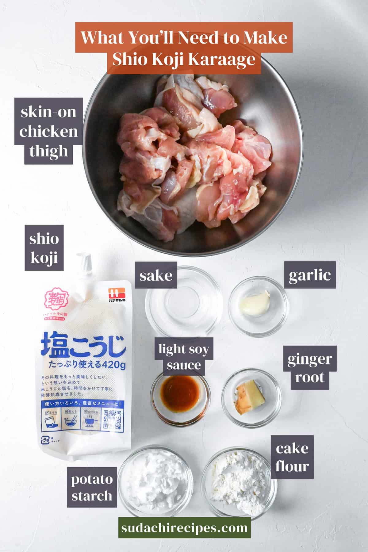 Ingredients needed to make shio koji karaage. From top to bottom, left to right: skin-on chicken thigh, shio koji, sake, garlic, light soy sauce, ginger root, potato starch, cake flour