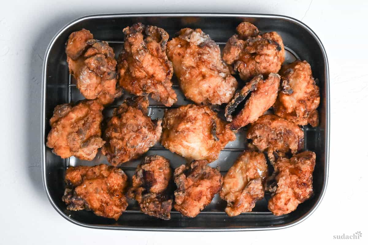 shio koji karaage on a wire rack after second fry