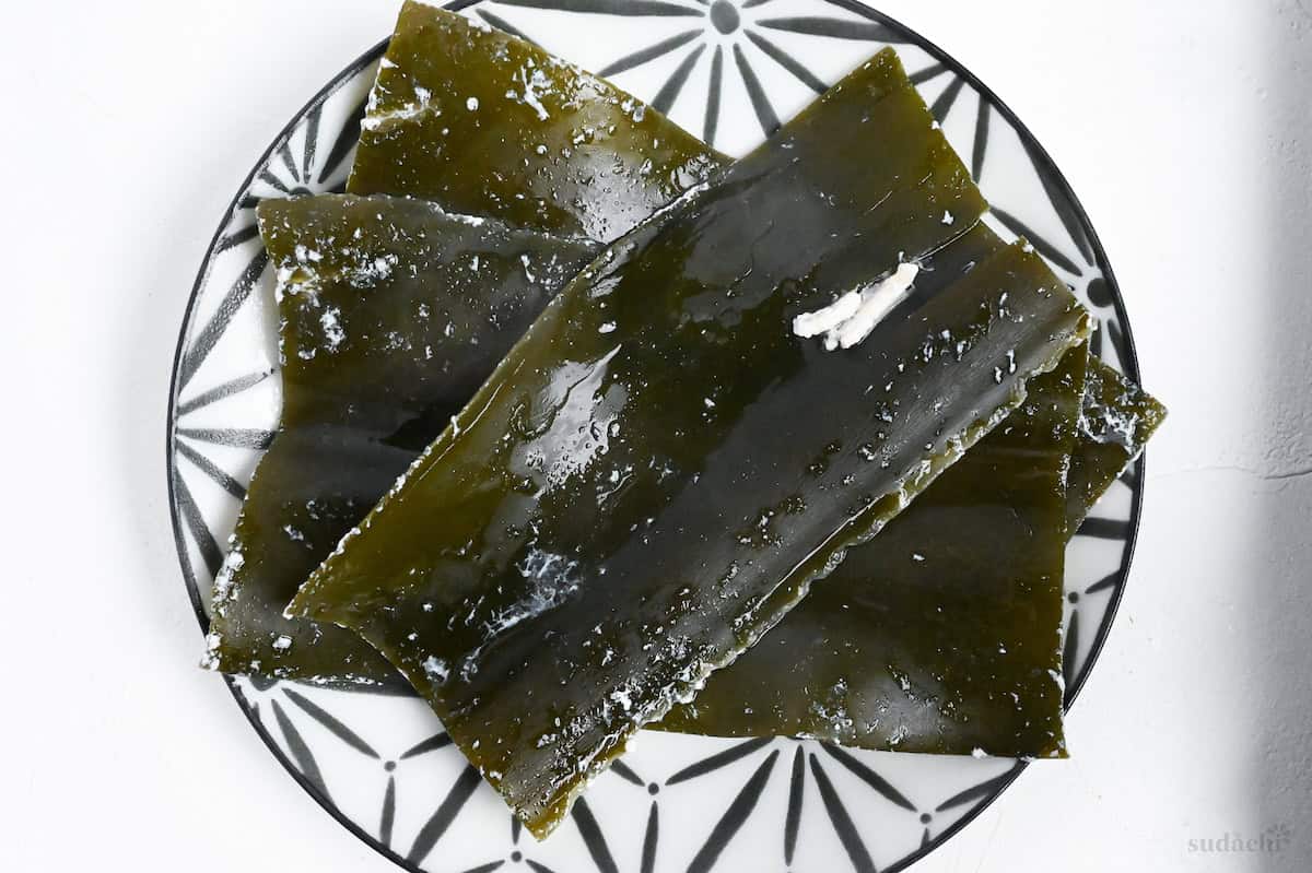 3 pieces of rehydrated kombu on a plate