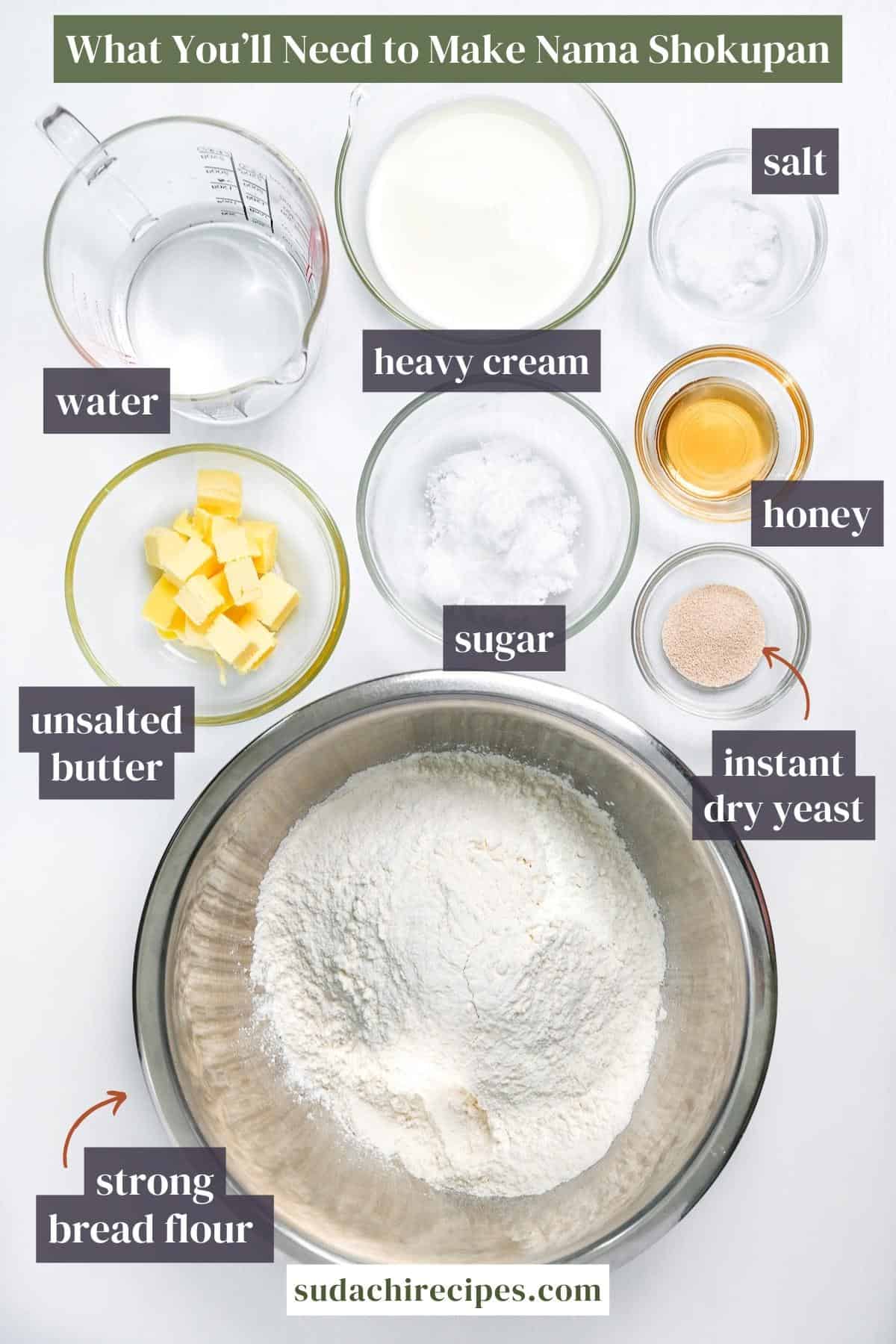 ingredients needed to make Japanese nama shokupan (milk bread)