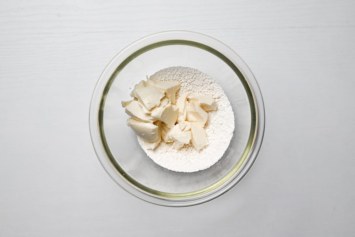 shiratamako and silken tofu in a glass mixing bowl