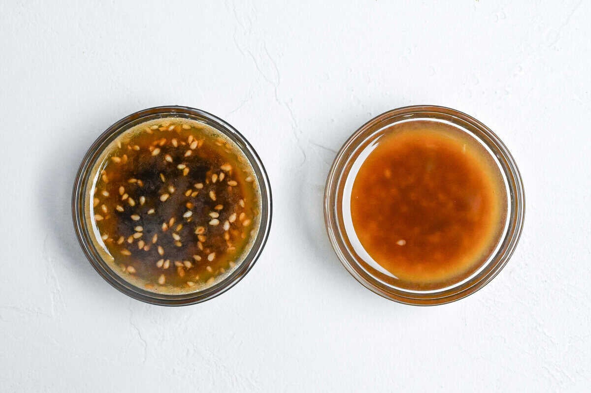 Yakiniku restaurant style salad dressing, homemade and store bought side by side in small glass bowls on a white background