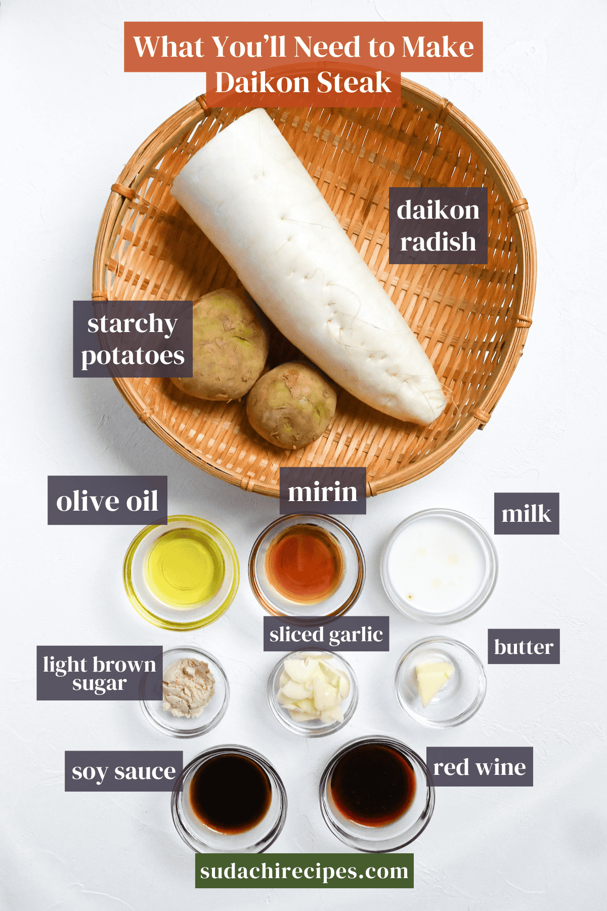 Ingredients used to make daikon steak with labels. From left to right, top to bottom, starchy potatoes, daikon radish, olive oil, mirin, milk, light brown sugar, sliced garlic, butter, soy sauce, red wine