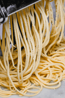 A close up of a pasta machine with spaghetti.