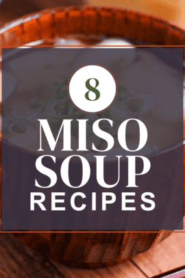 Miso soup round up thumbnail with standard miso soup in a dark wooden bowl