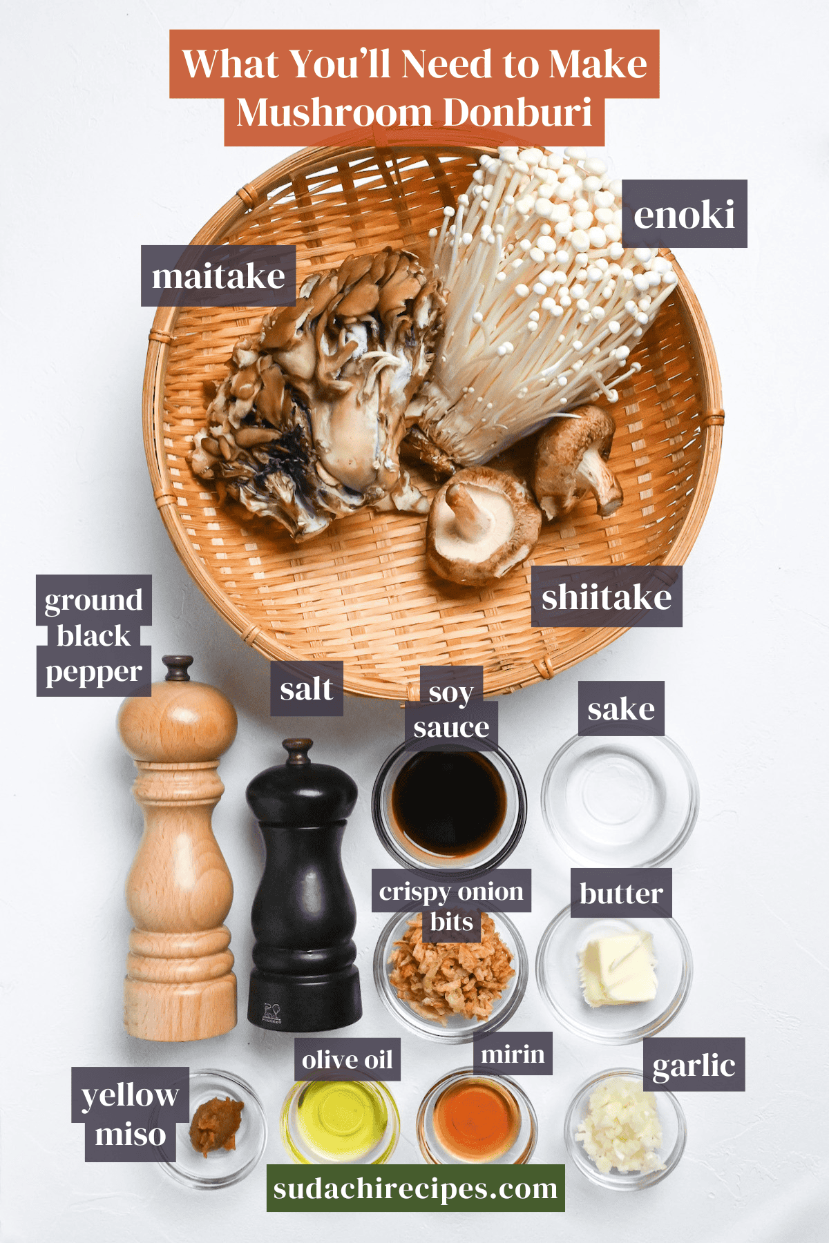 Mushroom donburi ingredients on a white background with labels: Top to bottom, left to right: enoki, maitake, shiitake, ground black pepper, salt, soy sauce, sake, crispy onion bits, butter, yellow miso, olive oil, mirin, garlic