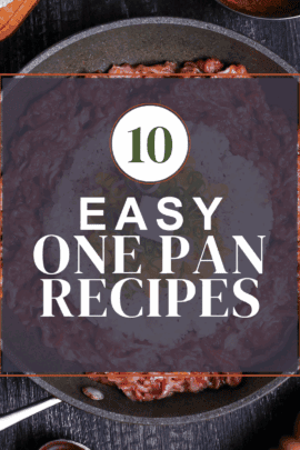 easy one pan recipe thumbnail with a pan of beef pepper rice in the background