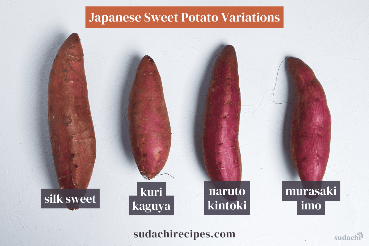 4 types of Japanese sweet potato on a white background