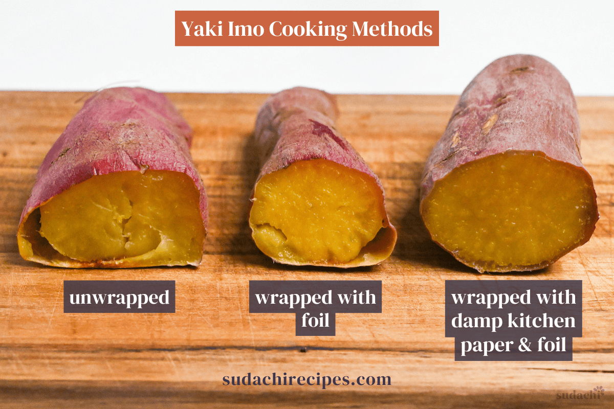Three beni haruka sweet potatoes on a wooden chopping board cut in half to show interior after baking using different methods