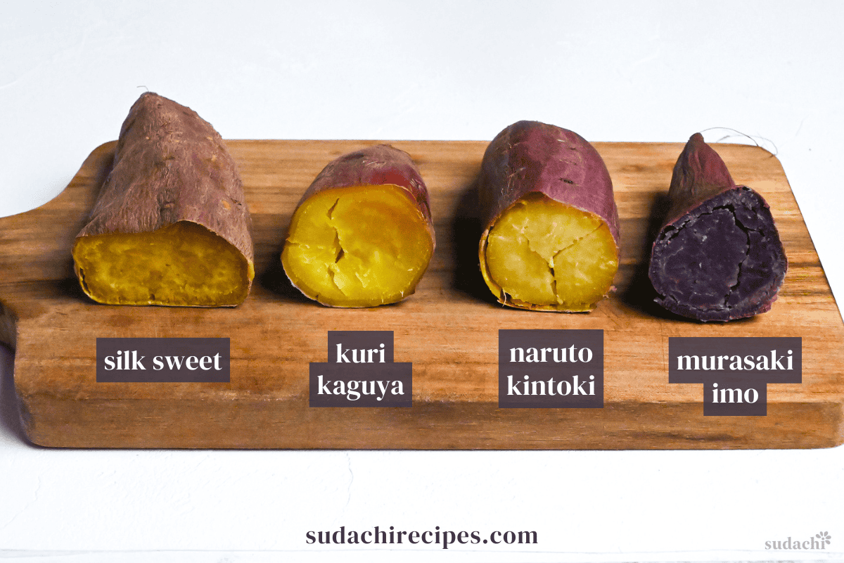 4 different types of Japanese sweet potato after baking to show different textures of different breeds
